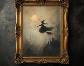 Vintage Halloween Witch Print, Flying Broomstick Art