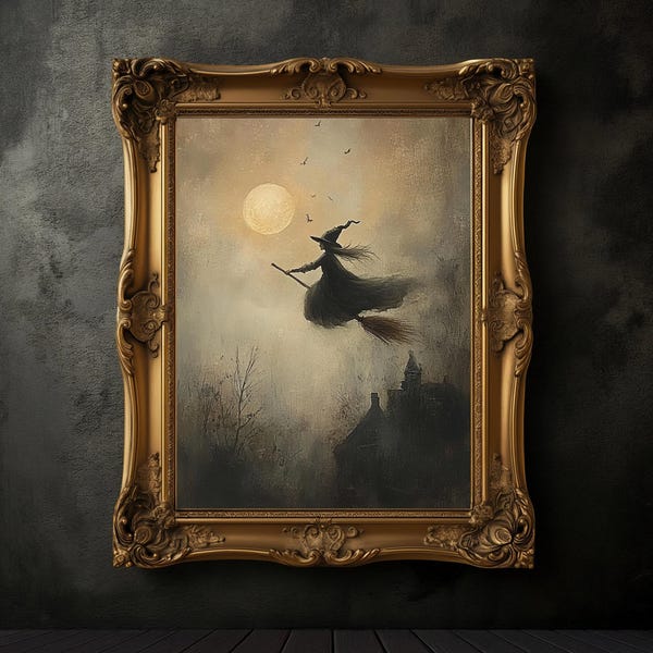 Vintage Halloween Witch Print, Flying Broomstick Art
