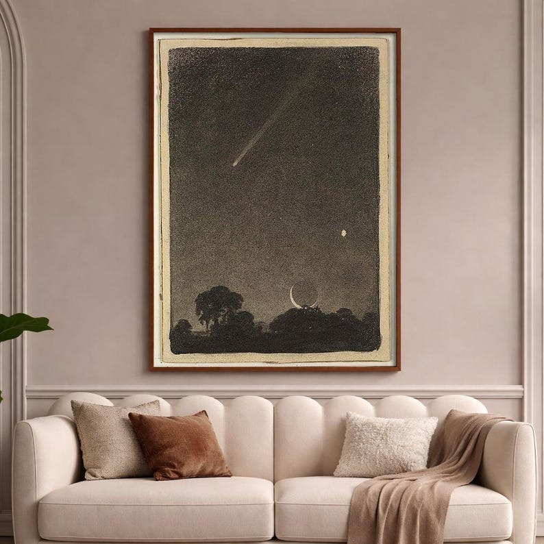 Vintage Night Sky Poster, Crescent Moon Comet Print, Celestial Wall Art ...