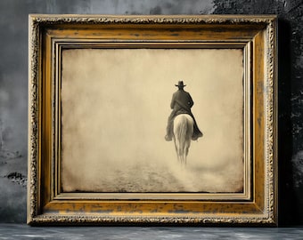 Impression vintage cowboy sur le cheval, art de Noël de mauvaise humeur sombre, décoration de Noël rustique, art mural ferme, déco esthétique sombre, Far West