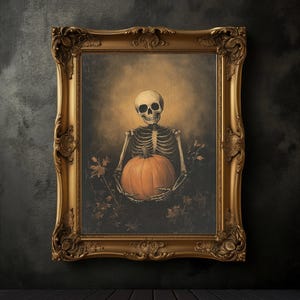 Stimmungsvolles Skelett mit einem Kürbis, Halloween-Skelett Poster, Halloween Wohnkultur, dunkle Academia, dunkler ästhetischer Druck, Jack o Lantern