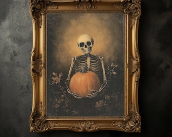 Skeleton Holding Pumpkin Halloween Art Print, Dark Academia