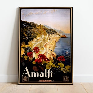 Amalfi Italia Travel Vintage Poster, Art Deco, Vintage Print, Colorful Wall Art, Large Wall Art Print, Decor, Retro Amalfi Italia Poster