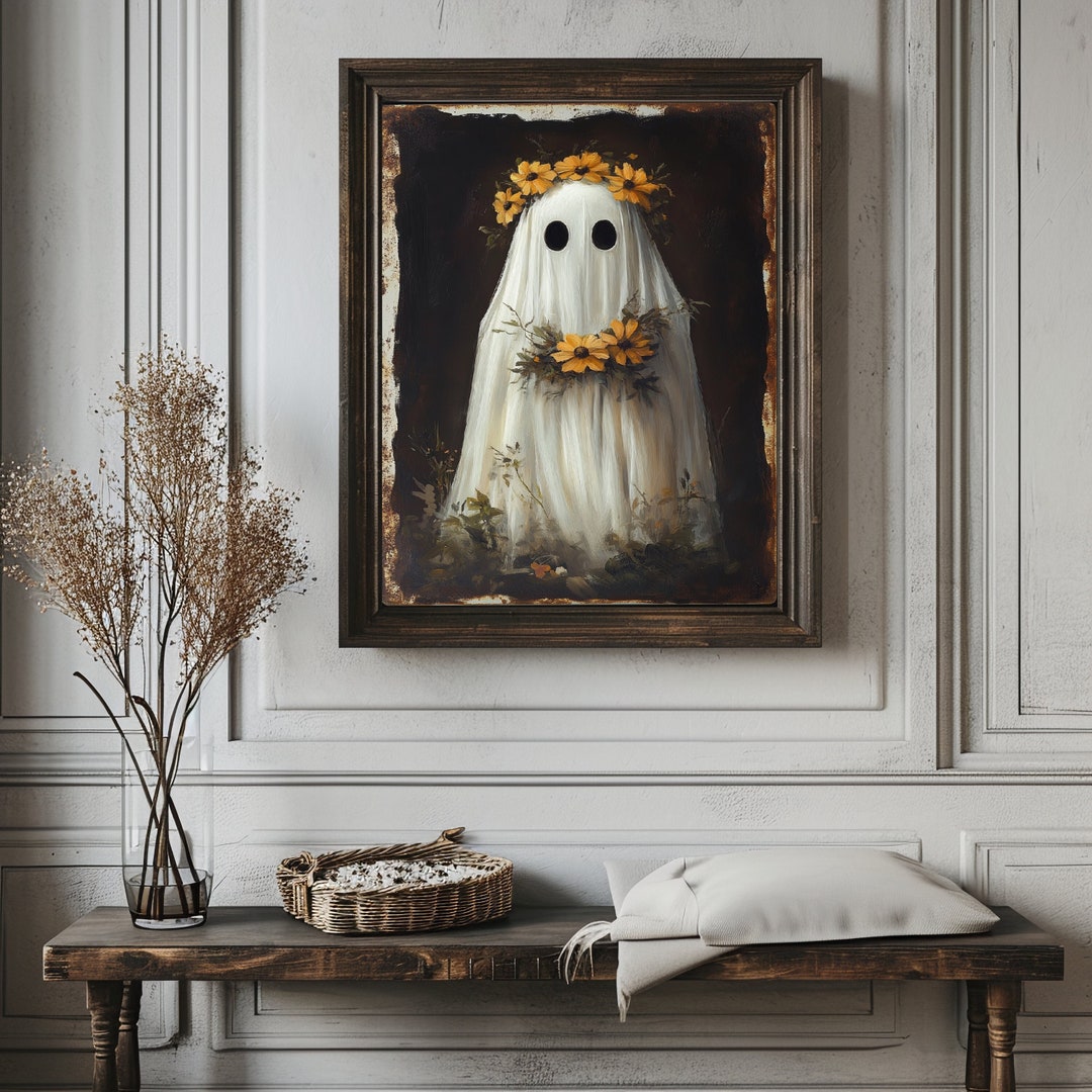Spooky Ghost Art Poster, Yellow Flower Wreath, Halloween Wall Decor - Etsy