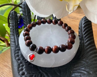 Red tigers eye gemstone bracelet - with Swarovski crystal charm - heart charm - crystal healing - root chakra healing
