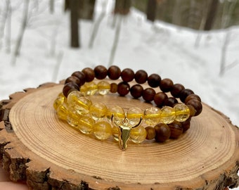 Yellow Citrine 8mm- Wodden mala beads - bull - solar chakra  - gemstone healing bracelet - crystal bracelet - radiate joy
