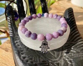 Lepidolite A - crystal bracelet - crown chakra - chakra healing - Canadian made - third eye protection - hamsa hand