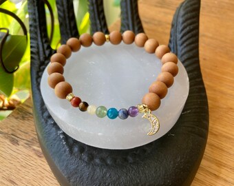7 chakra bracelet - wooden mala bracelet - moon bracelet - Canadian made - gift idea - healing crystals