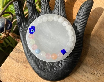 Fun evil eye bracelet - morganite - white Jade - blue evil eye - crystal healing - Canadian - protection