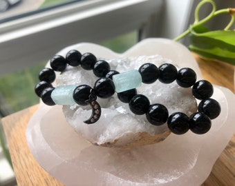 Aquamarine - Black Onyx 8mm - Black Lava- Deflect Negativity - Healing Feminine Energy - Moon Charm