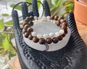 Moonstone wooden Mala bracelet - lotus bracelet - boho bracelet - Canadian made - healing crystal bracelet