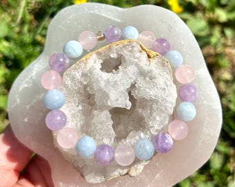 Natural Aquamarine, Rose Quartz & Amethyst Beads,Round, 8mm, - gemstone bracelet - crystal healing bracelet - gift ideas