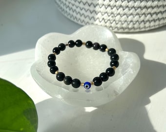 Golden obsidian - Evil eye glass bead - crystal healing bracelet - healing bracelet - canadian made - protection bracelet