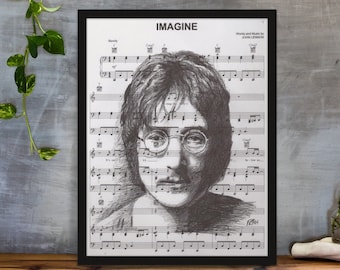 John Lennon Biro Drawing on Imagine Music Stave Print