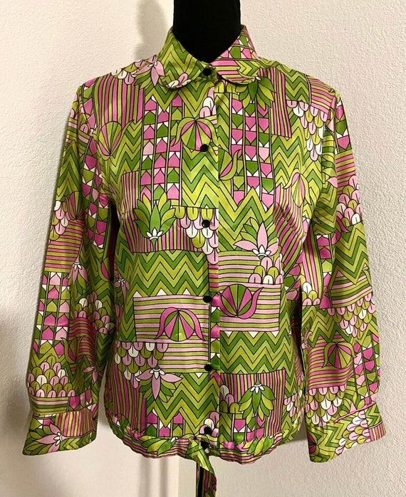 1970s Groovy Pink and Green Button up Shirt with … - image 1