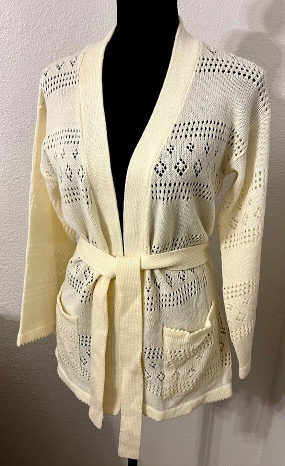 Vtg 60s 70s Cream Knit Cardigan with Belt