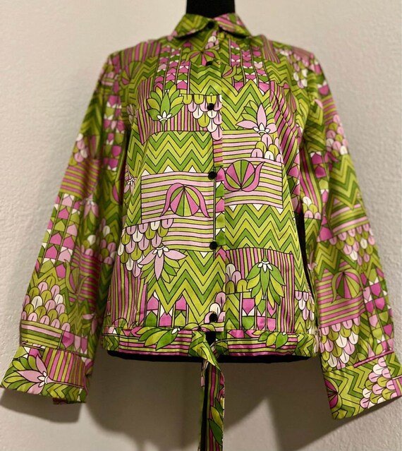 1970s Groovy Pink and Green Button up Shirt with … - image 2