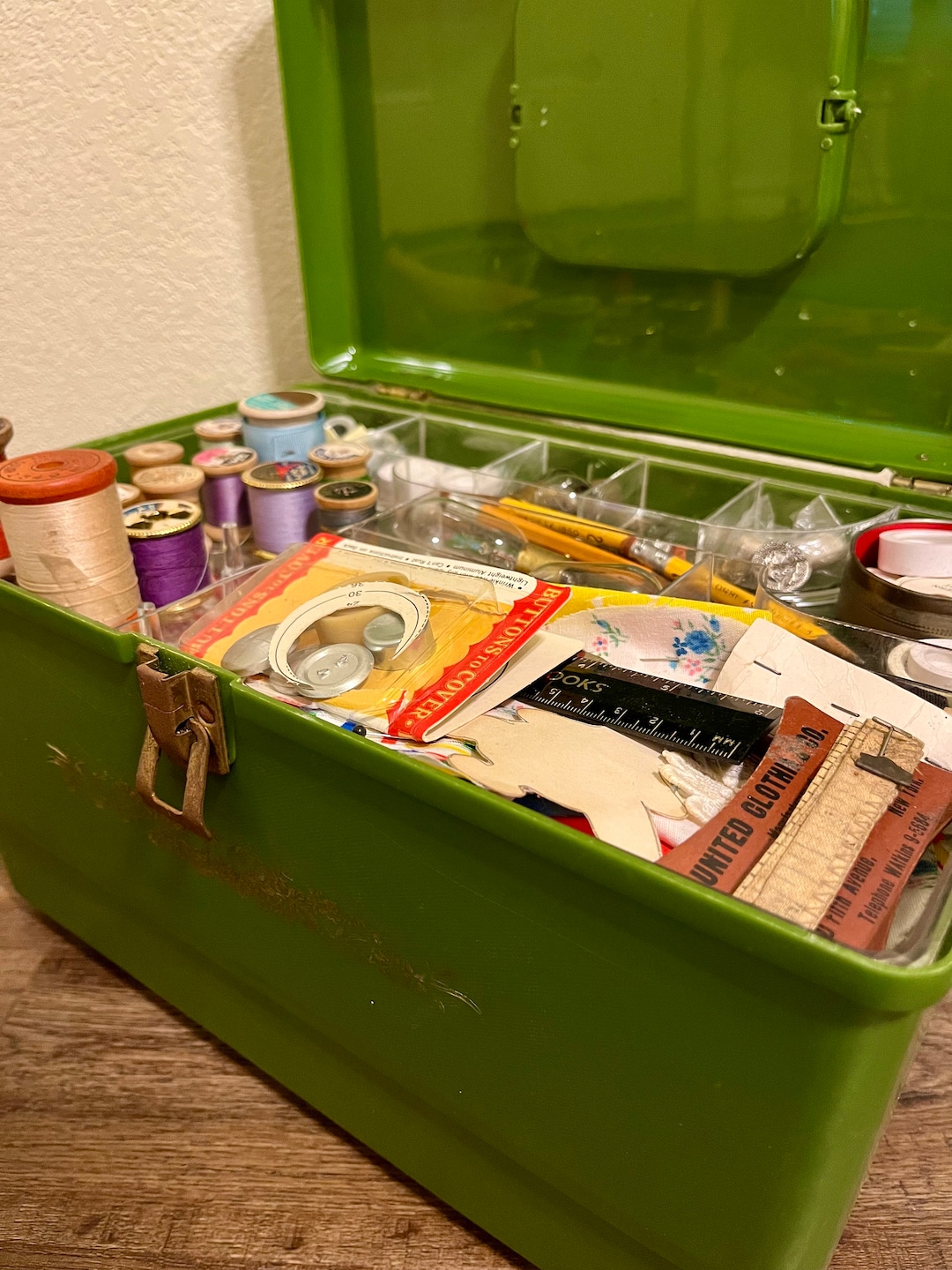 Vintage Rare Green Plastic SEWING BOX FULL Floral Design Etsy