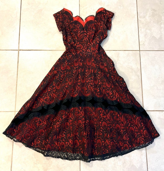1950s Red Sweetheart Dress with Black Lace
