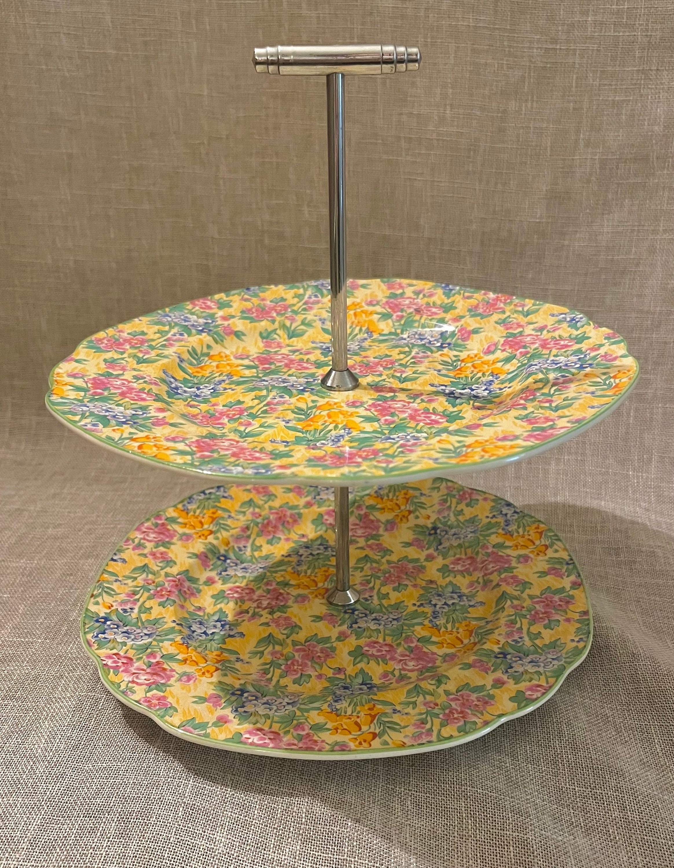 MCM Twotier Cake Stand Yellow and Pink Chinoiserie With Metal Etsy