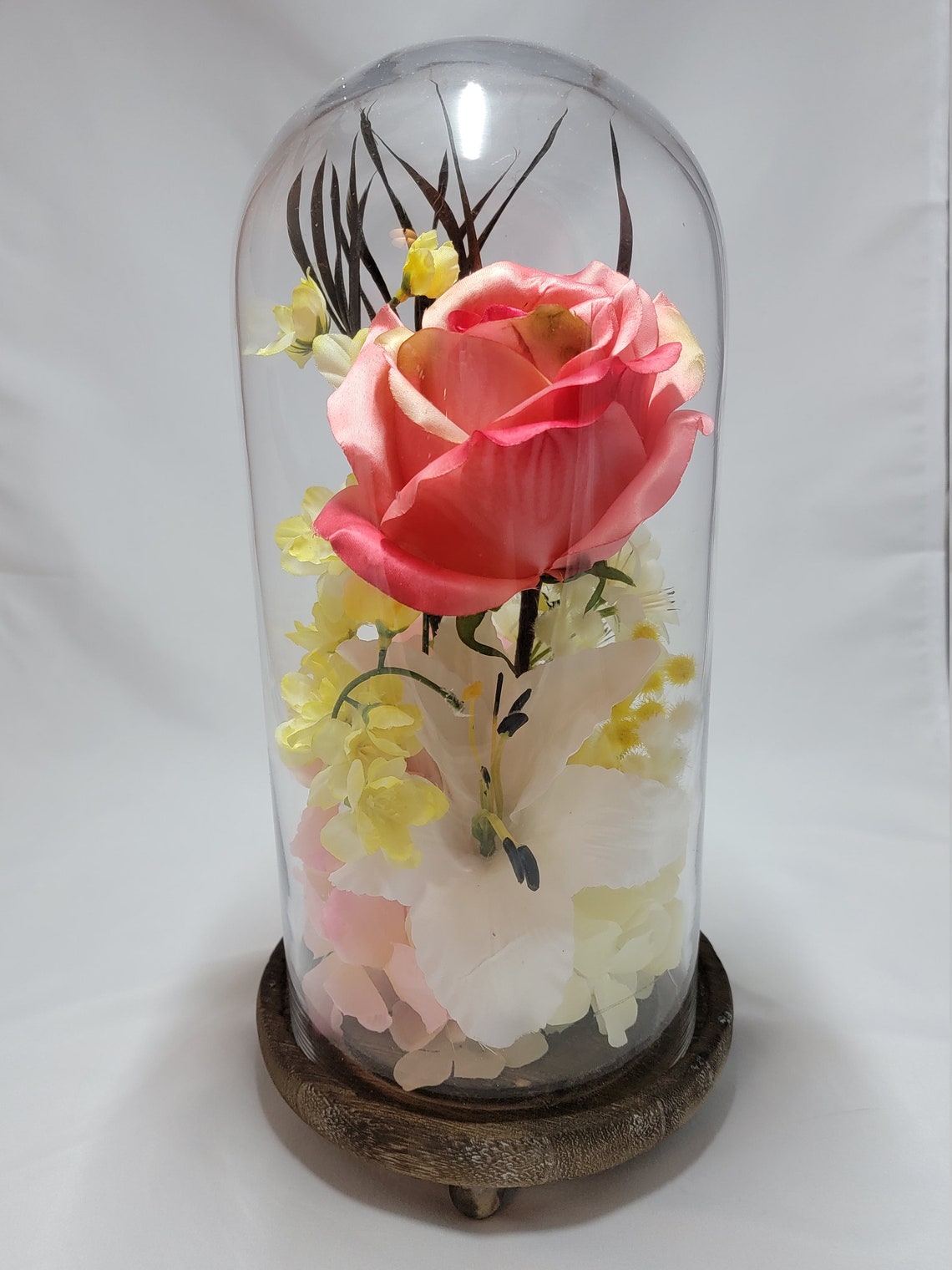 Artificial floral arrangement encased in a classic glass dome Etsy