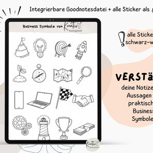 May include: A digital planner page with black and white illustrations of business symbols. The page title is "Business Symbols" and the text below the illustrations says "VERSTÄRKE deine Notizen und Aussagen mit praktischen Business Symbolen".