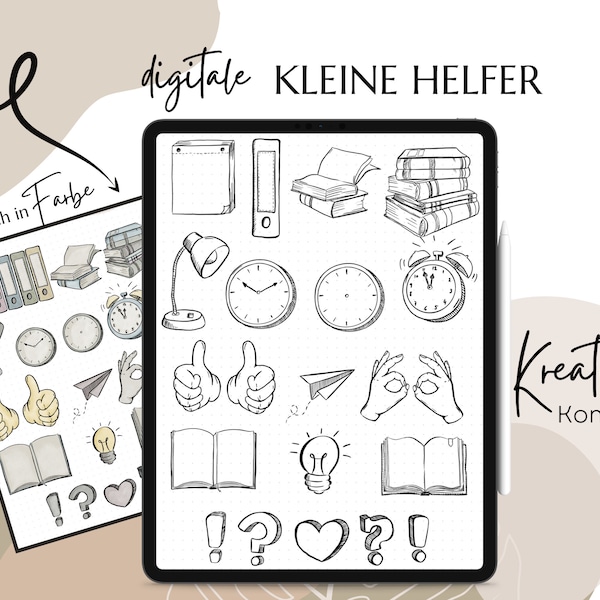 Little helpers, Black + In Color, Digital sketchnotes, Goodnotes, Digital stickers, Symbols, Office supplies, Worksheet generator