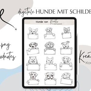 Könnte beinhalten: Ein digitaler Planer-Stickerbogen mit 12 schwarz-weißen Illustrationen von Hunden, die leere Schilder halten. Der Text "Hunde von Kreativ Komplott" befindet sich oben auf dem Bogen.