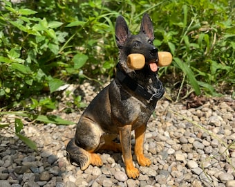 CuSTOM Hand Painted German Shepherd or Malinois GSD IPO IGP Schutzhund Figurine Statue with Real Wood Dumbbell and Metal Choker or Fur Saver