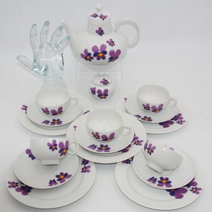 70s tea service HEINRICH 5 people tea service 17 pcs. Tea set 70s purple blue, Mid Century teaware Flower Power 70s tea set