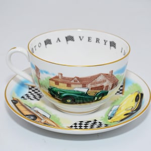 ROYAL WORCESTER Engeland "Aan een heel belangrijk persoon" VIP-serie Vintage / Raceauto Jumbo-kopjes met schoteltjes Royal Worcester-beker