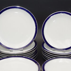 6 Schumann Arzberg real cobalt inglaze platinum cake plates 19 cm / 17 cm, cake plates real cobalt platinum rim Arzberg tableware white blue