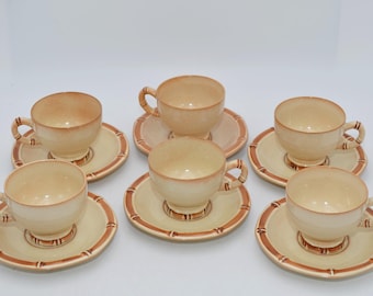 Friesland Ceracron bamboe koffieservies, Melitta Ceracron bamboe koffieset voor 6 personen, keramisch servies in mid-century stijl