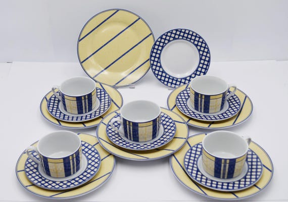 R&B French Vanilla Kaffeeservice für 6 Flirt Ritzenhoff Breker Kaffeegeschirr gelb blau weiß Vintage Memphis Porzellan für 6 Personen