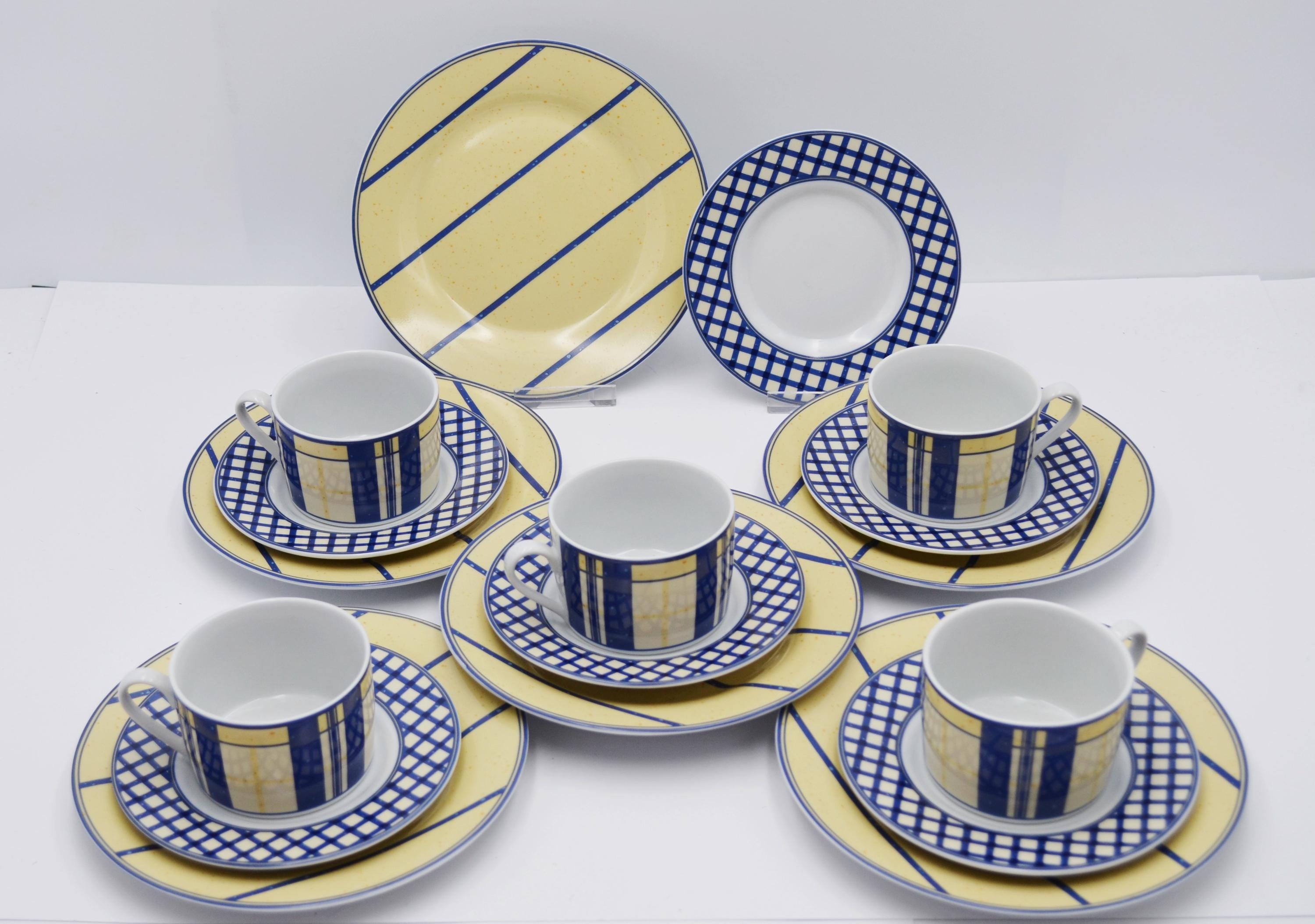 R&B French Vanilla Kaffeeservice für 6 Flirt Ritzenhoff Breker Kaffeegeschirr gelb blau weiß Vintage Memphis Porzellan für 6 Personen