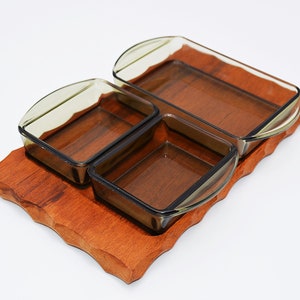Teak Holz Anbiet Schale Tablett Holztablett Glasschale Rauchglas  Menage 3 Glas Schalen 60er 70er Mid Century