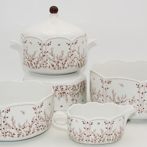 Tirschenreuth Fleur Blätterzauber soup tureen, Fleur brown bowl, Fleur sauce boat, Tirschenreuth dining service selection