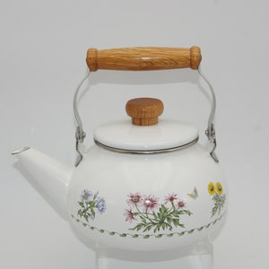 Flower kettle enamel with wooden handle, vintage enamel kettle white with flowers, country house kettle enamel