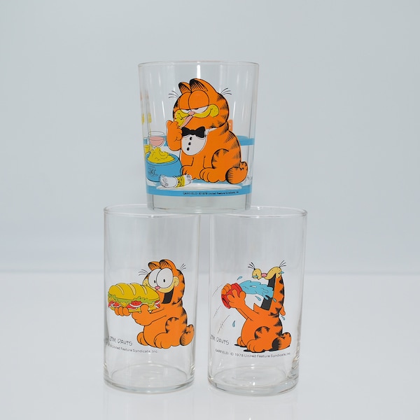 3 piezas Garfield 1978 gafas de colección vintage Jim Davis vaso de agua 70s vaso de jugo Garfield colección gafas 70s, vaso Garfield