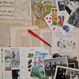 Kit de diario basura vintage de los años 1900-50, páginas de libros antiguos, fotos antiguas, tarjetas, patrones de costura, partituras, LOT1A