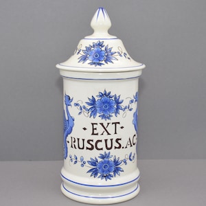 Può includere: Un vaso di ceramica bianca con un motivo floreale blu e bianco. Il vaso ha un coperchio ed è etichettato "EXT. RUSCUS. AC."