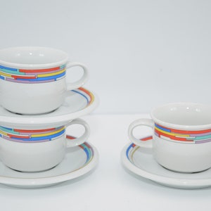3 x Arzberg Daily RAINBOW Kaffeegedecke , Arzberg RAINBOW Memphis Stil 80er Geschirr , Kaffeeset 80er Jahre Memphis Arzberg bunter Rand