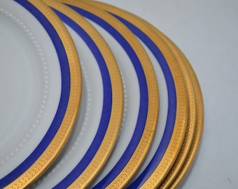 Eschenbach Venetiaans taartbord met parelmoerrand en gouden band, blauwe parelmoerrand; Eschenbach saladebord, bord, wit, blauw, goud; taartbord met gouden band