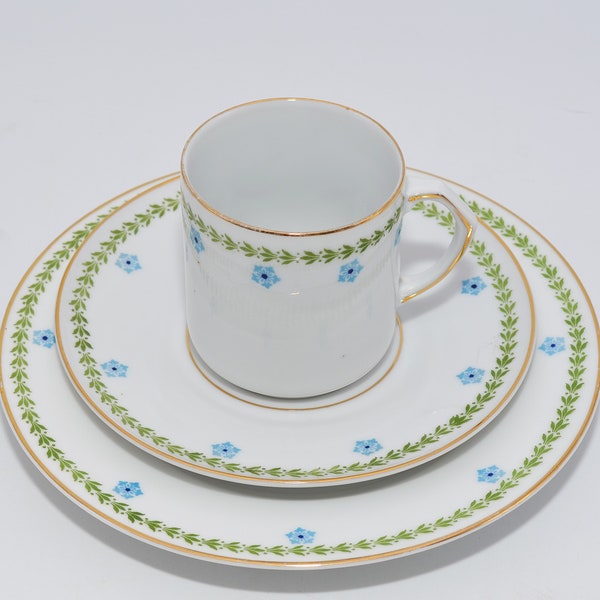 Antik Jugendstil Germany  Friedrich Kaestner Porzellan Historismus 3tlg. Kaffeegedeck Art Deko  1910 1920 blaue Blumen Streublumen Goldrand