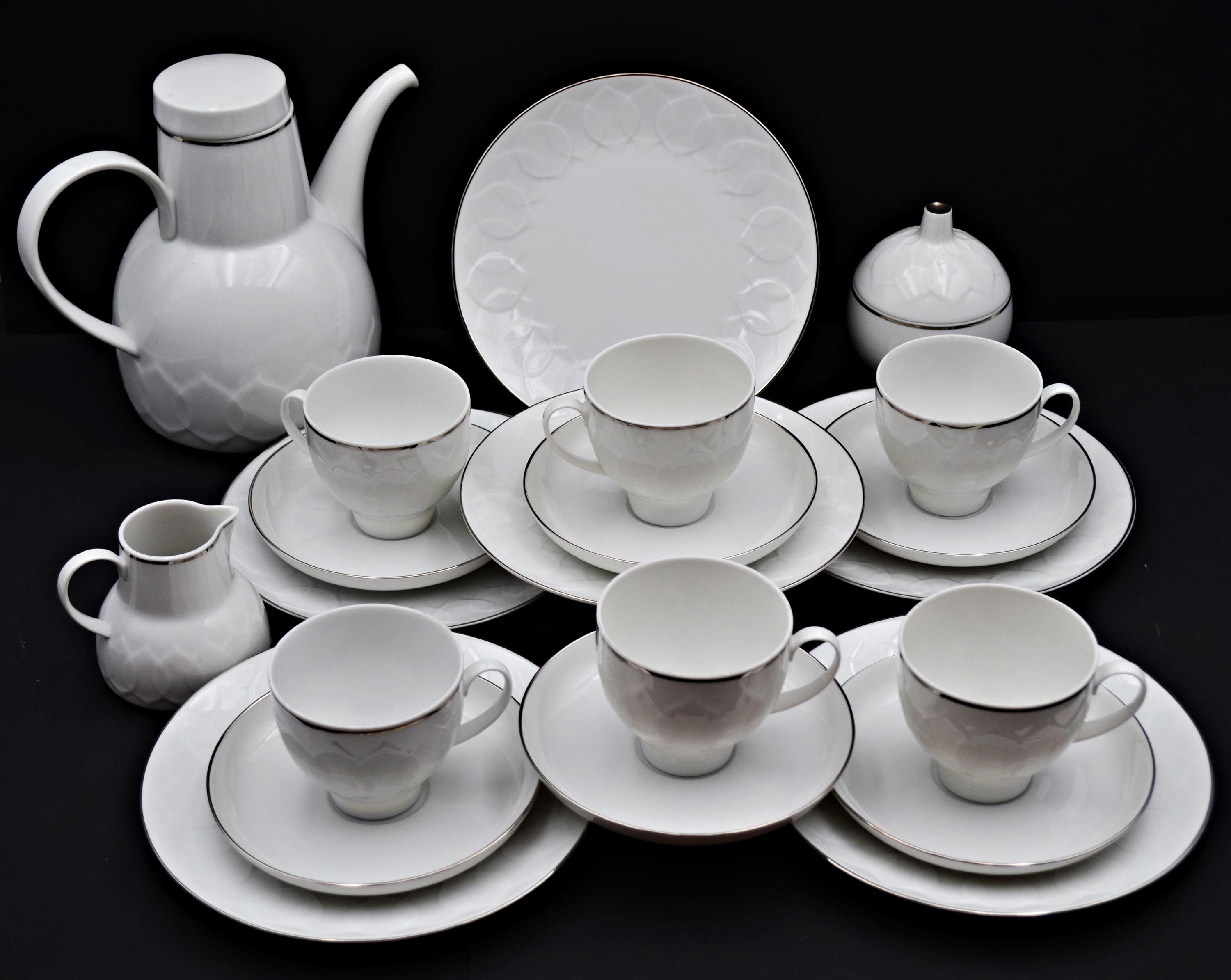 Rosenthal Wiinblad Lotus Weiß Platin Service für 6 Personen , Mid Century Rosenthal Lotus weiß Platin Kaffeeservice komplett 6Personen