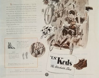 Vintage Ad for U.S. Keds Sneakers - The Washable Shoe  Boys Playing w/dog