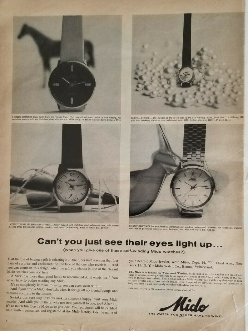 Original Vintage Advertisement for 1964 Mido Lady Ocean Star, Newton Watches image 1