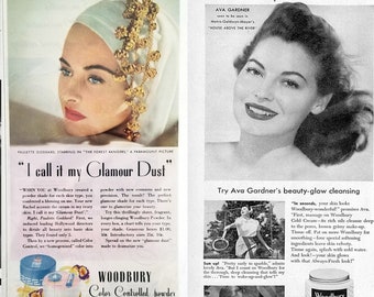 2 Original Vintage Ads for 1942,48 Paulette Goddard, Ava Gardener for Woodbury Cold Cream