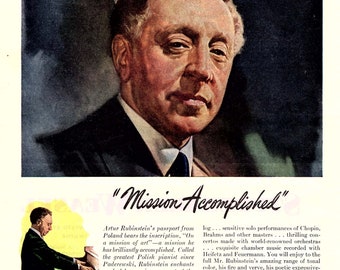 Original Vintage Ad for 1944 Arthur Rubinstein for Victor Red Seal Records