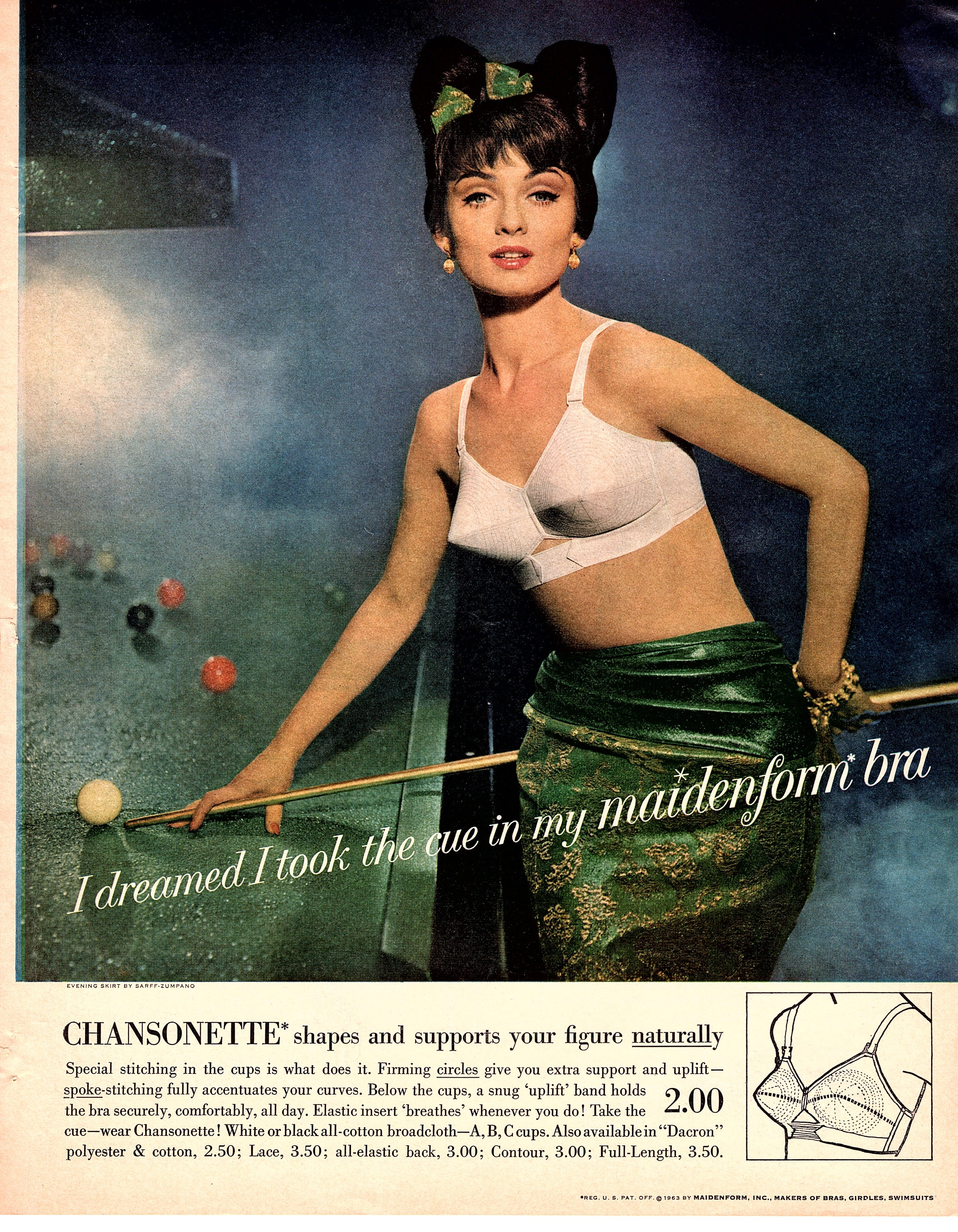 1963 Vintage Lingerie Ad for Maidenform Bra I Dreamed I Took the Cue 